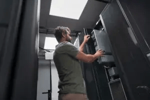 IT professional pulling out server.